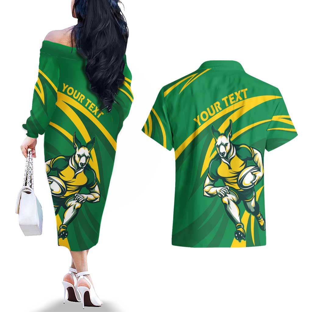 Personalized Australia Rugby Champion Couples Matching Off The Shoulder Long Sleeve Dress and Hawaiian Shirt Wallabies Mascot with Sporty Style