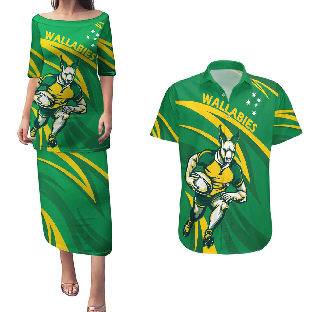 Personalized Australia Rugby Champion Couples Matching Puletasi and Hawaiian Shirt Wallabies Mascot with Sporty Style