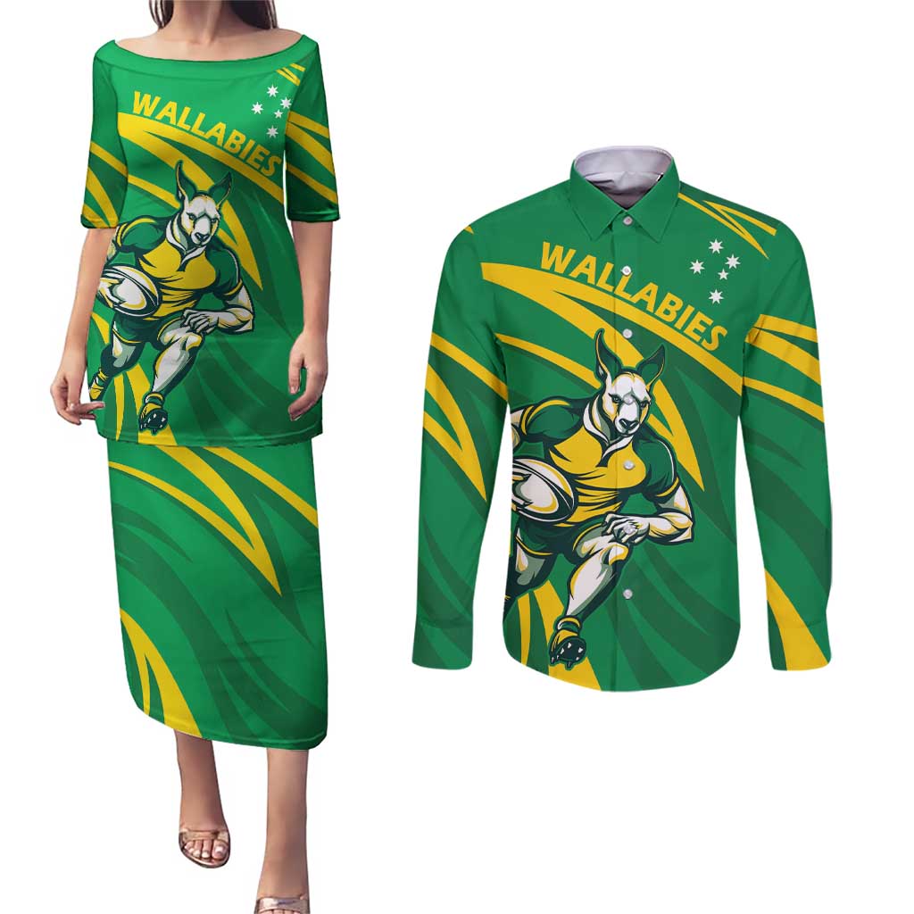 Personalized Australia Rugby Champion Couples Matching Puletasi and Long Sleeve Button Shirt Wallabies Mascot with Sporty Style