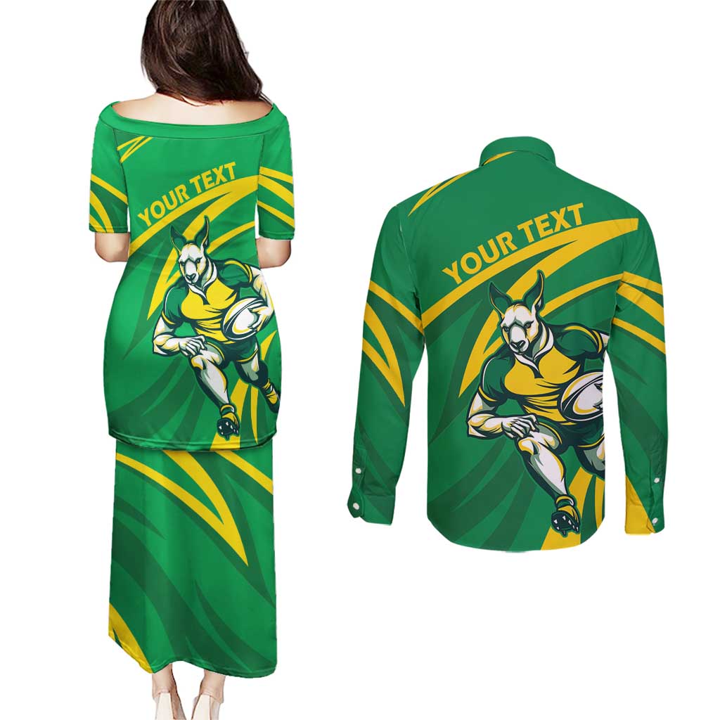 Personalized Australia Rugby Champion Couples Matching Puletasi and Long Sleeve Button Shirt Wallabies Mascot with Sporty Style
