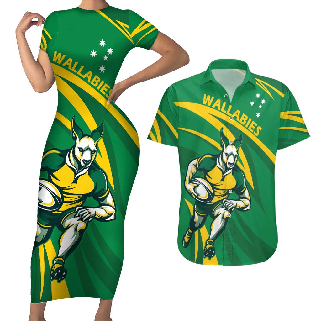 Personalized Australia Rugby Champion Couples Matching Short Sleeve Bodycon Dress and Hawaiian Shirt Wallabies Mascot with Sporty Style