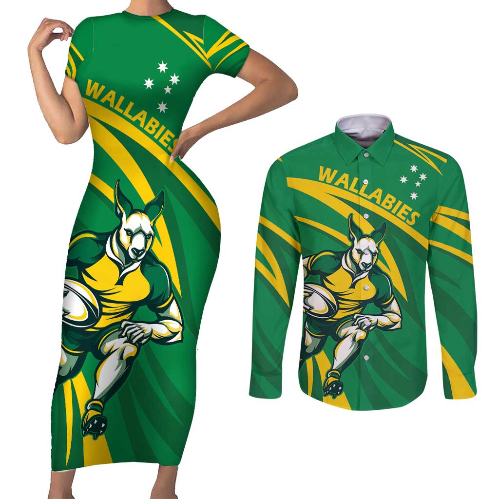 Personalized Australia Rugby Champion Couples Matching Short Sleeve Bodycon Dress and Long Sleeve Button Shirt Wallabies Mascot with Sporty Style