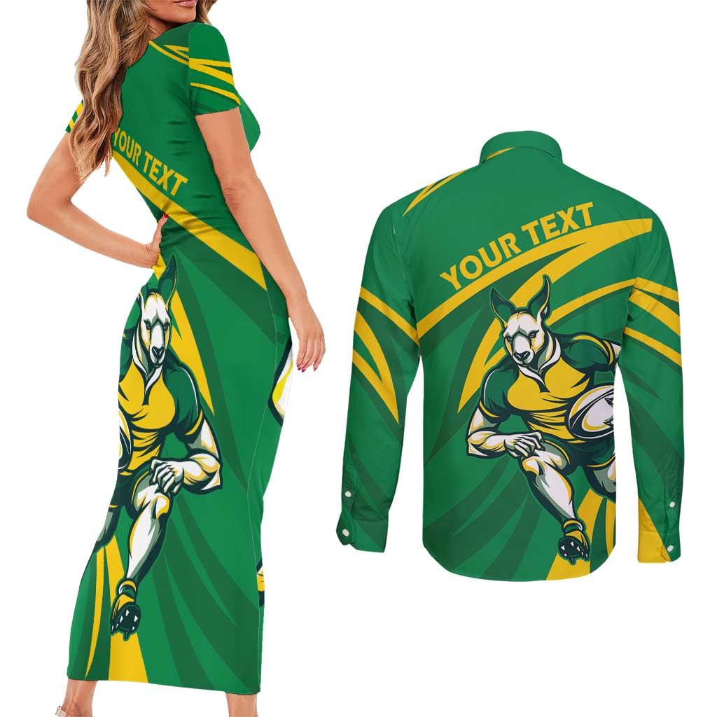 Personalized Australia Rugby Champion Couples Matching Short Sleeve Bodycon Dress and Long Sleeve Button Shirt Wallabies Mascot with Sporty Style