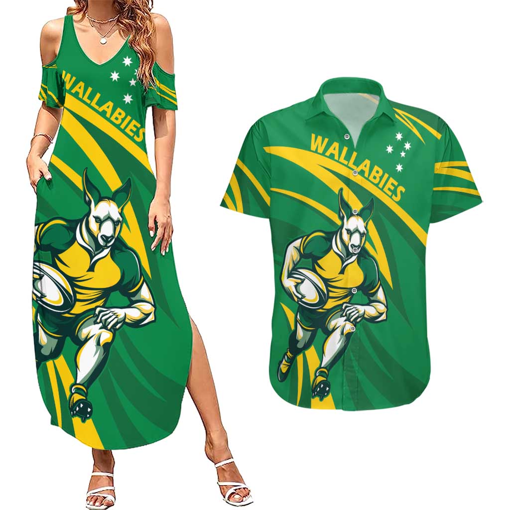 Personalized Australia Rugby Champion Couples Matching Summer Maxi Dress and Hawaiian Shirt Wallabies Mascot with Sporty Style