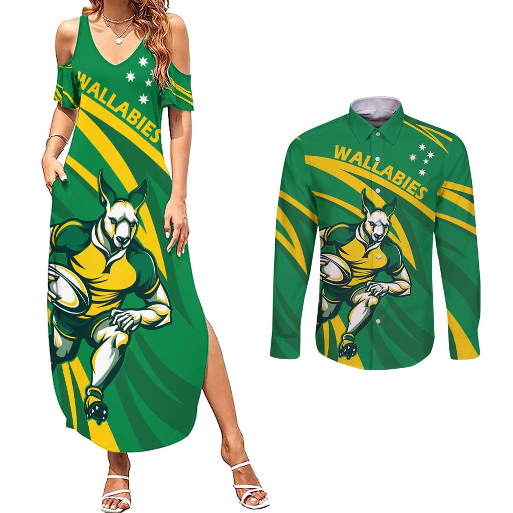 Personalized Australia Rugby Champion Couples Matching Summer Maxi Dress and Long Sleeve Button Shirt Wallabies Mascot with Sporty Style