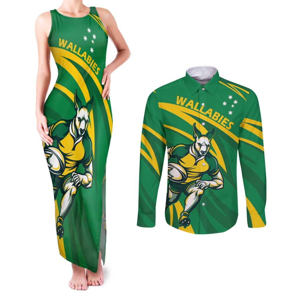 Personalized Australia Rugby Champion Couples Matching Tank Maxi Dress and Long Sleeve Button Shirt Wallabies Mascot with Sporty Style