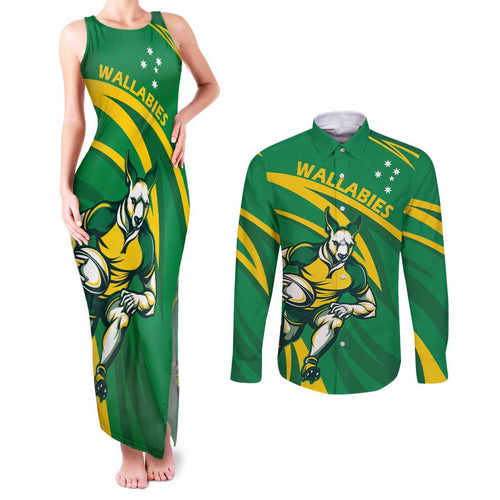 Personalized Australia Rugby Champion Couples Matching Tank Maxi Dress and Long Sleeve Button Shirt Wallabies Mascot with Sporty Style