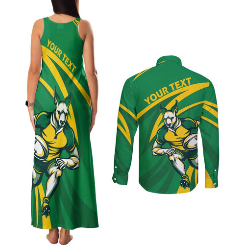 Personalized Australia Rugby Champion Couples Matching Tank Maxi Dress and Long Sleeve Button Shirt Wallabies Mascot with Sporty Style