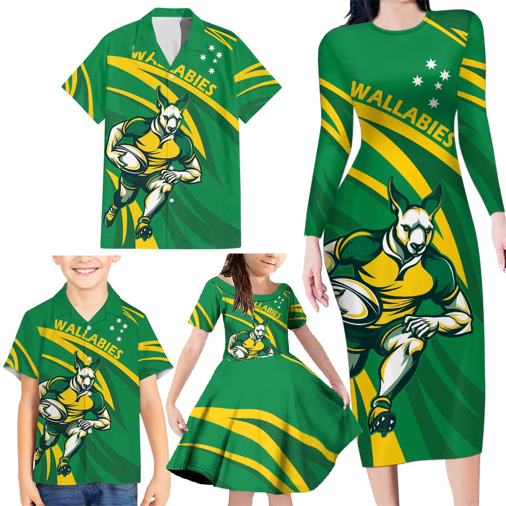 Personalized Australia Rugby Champion Family Matching Long Sleeve Bodycon Dress and Hawaiian Shirt Wallabies Mascot with Sporty Style