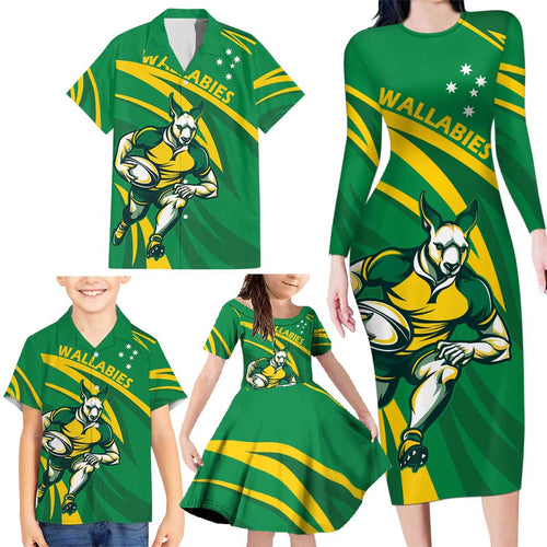 Personalized Australia Rugby Champion Family Matching Long Sleeve Bodycon Dress and Hawaiian Shirt Wallabies Mascot with Sporty Style