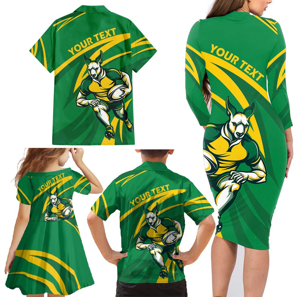 Personalized Australia Rugby Champion Family Matching Long Sleeve Bodycon Dress and Hawaiian Shirt Wallabies Mascot with Sporty Style