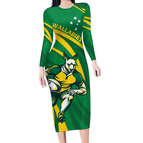 Personalized Australia Rugby Champion Family Matching Long Sleeve Bodycon Dress and Hawaiian Shirt Wallabies Mascot with Sporty Style