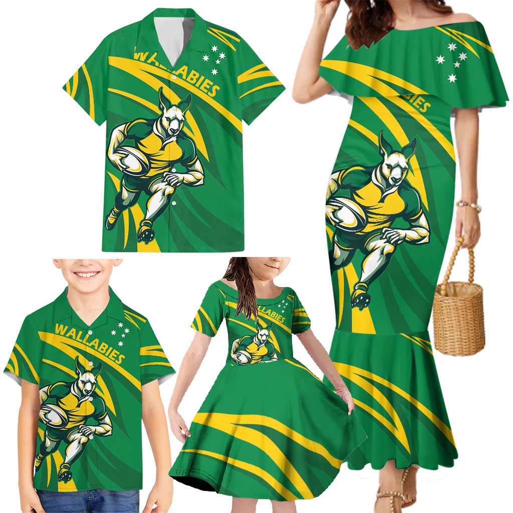 Personalized Australia Rugby Champion Family Matching Mermaid Dress and Hawaiian Shirt Wallabies Mascot with Sporty Style