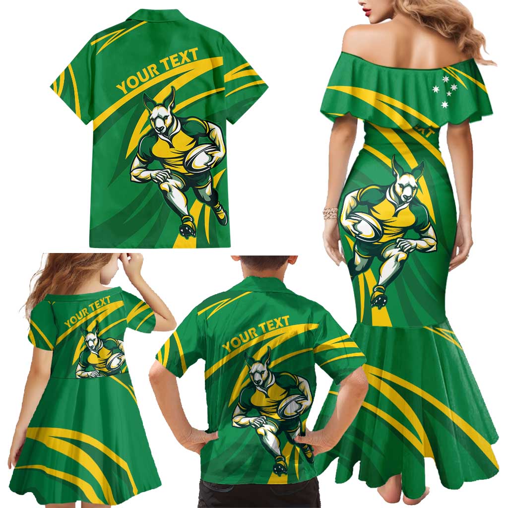 Personalized Australia Rugby Champion Family Matching Mermaid Dress and Hawaiian Shirt Wallabies Mascot with Sporty Style