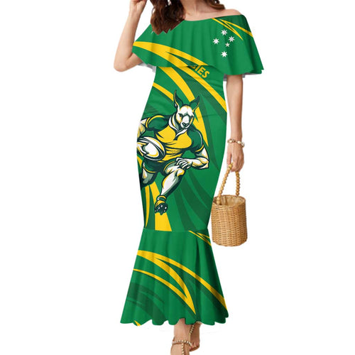 Personalized Australia Rugby Champion Family Matching Mermaid Dress and Hawaiian Shirt Wallabies Mascot with Sporty Style