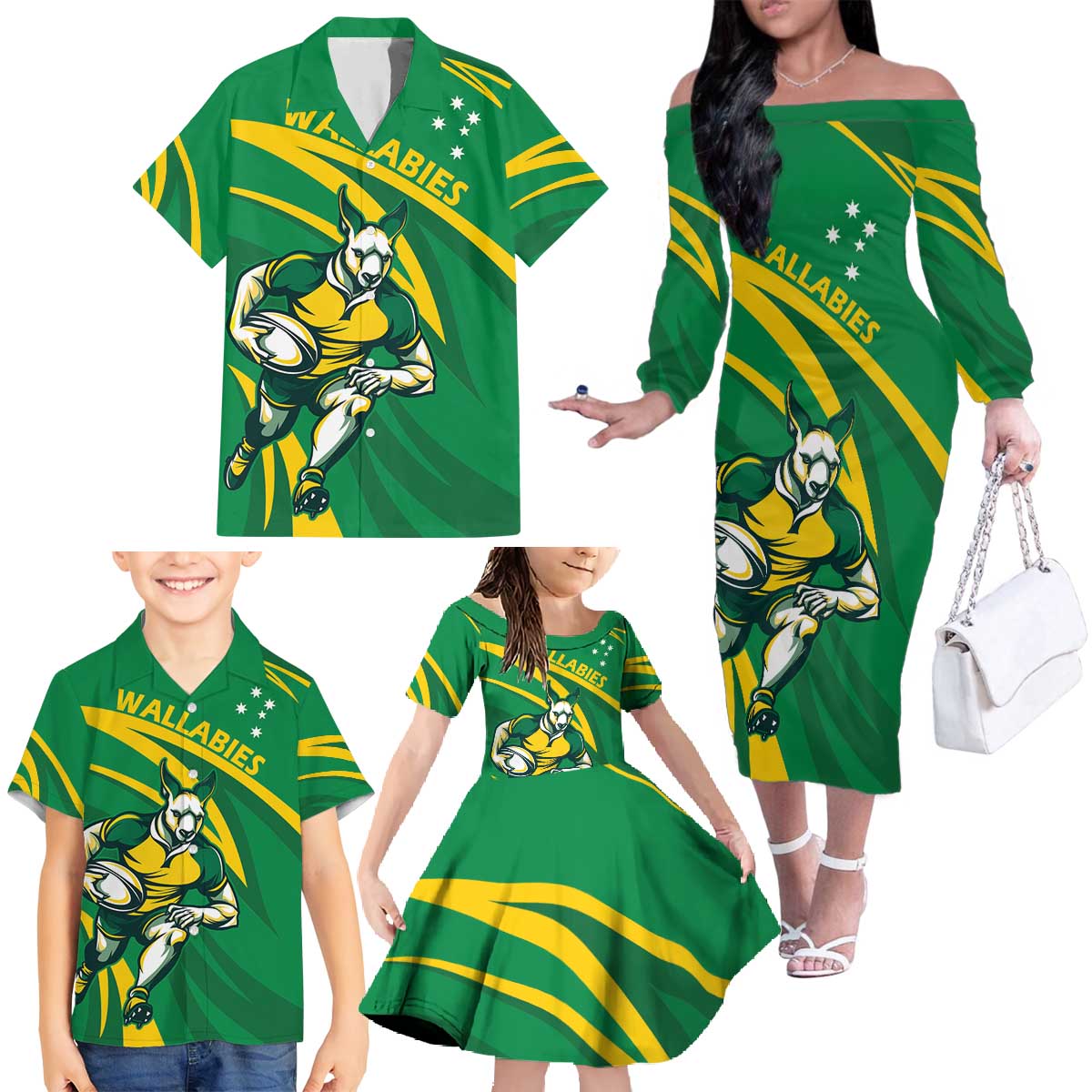 Personalized Australia Rugby Champion Family Matching Off The Shoulder Long Sleeve Dress and Hawaiian Shirt Wallabies Mascot with Sporty Style
