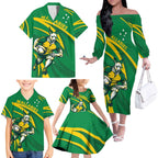 Personalized Australia Rugby Champion Family Matching Off The Shoulder Long Sleeve Dress and Hawaiian Shirt Wallabies Mascot with Sporty Style