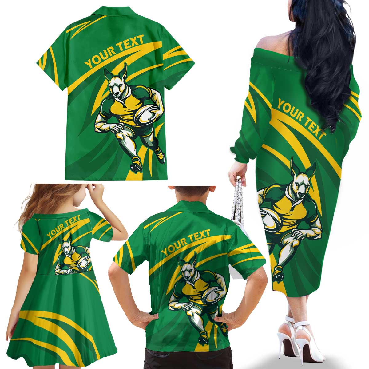 Personalized Australia Rugby Champion Family Matching Off The Shoulder Long Sleeve Dress and Hawaiian Shirt Wallabies Mascot with Sporty Style