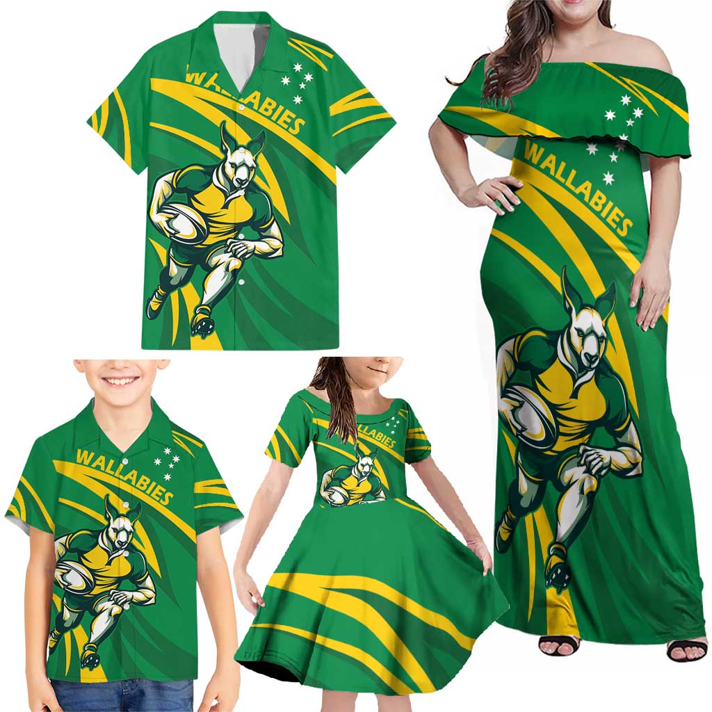 Personalized Australia Rugby Champion Family Matching Off Shoulder Maxi Dress and Hawaiian Shirt Wallabies Mascot with Sporty Style