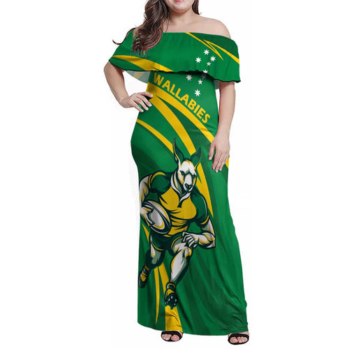 Personalized Australia Rugby Champion Family Matching Off Shoulder Maxi Dress and Hawaiian Shirt Wallabies Mascot with Sporty Style