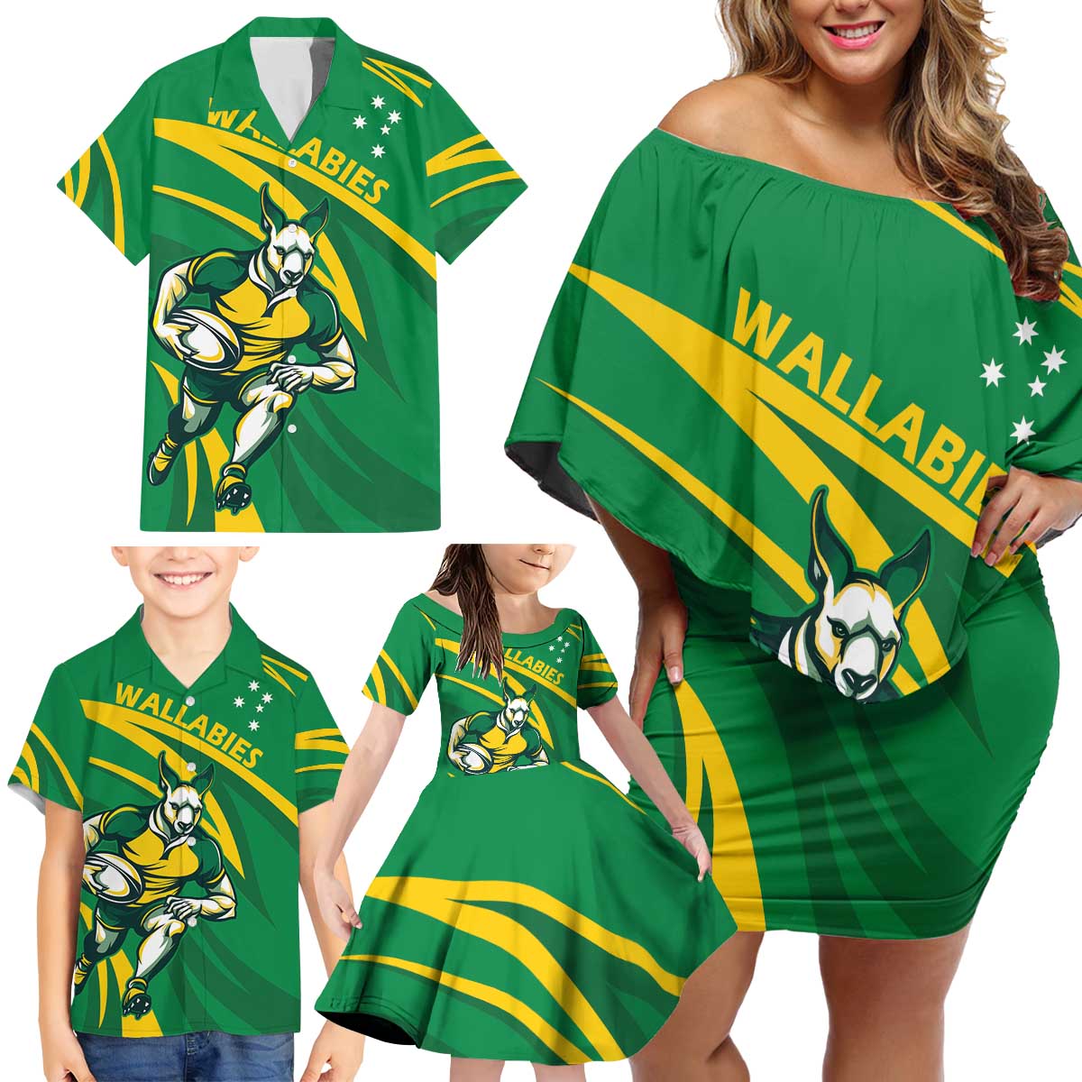 Personalized Australia Rugby Champion Family Matching Off Shoulder Short Dress and Hawaiian Shirt Wallabies Mascot with Sporty Style