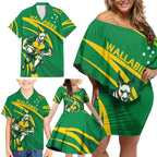 Personalized Australia Rugby Champion Family Matching Off Shoulder Short Dress and Hawaiian Shirt Wallabies Mascot with Sporty Style