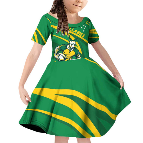 Personalized Australia Rugby Champion Family Matching Off Shoulder Short Dress and Hawaiian Shirt Wallabies Mascot with Sporty Style