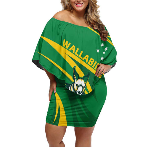 Personalized Australia Rugby Champion Family Matching Off Shoulder Short Dress and Hawaiian Shirt Wallabies Mascot with Sporty Style