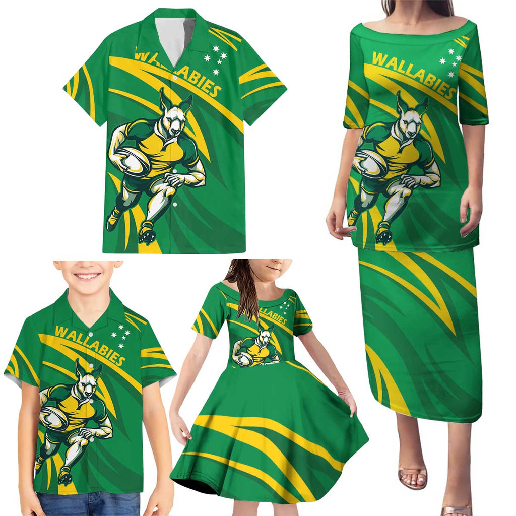 Personalized Australia Rugby Champion Family Matching Puletasi and Hawaiian Shirt Wallabies Mascot with Sporty Style