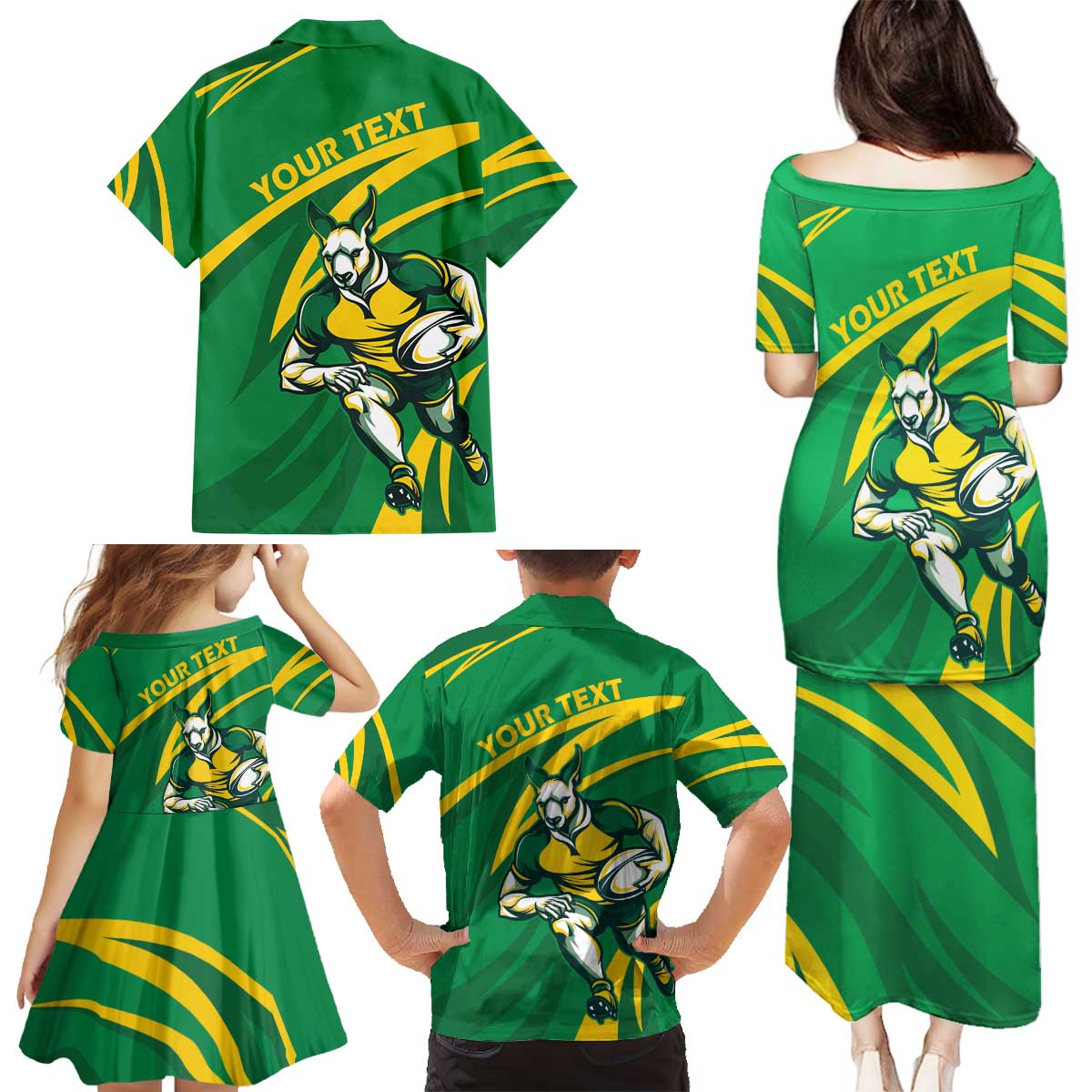 Personalized Australia Rugby Champion Family Matching Puletasi and Hawaiian Shirt Wallabies Mascot with Sporty Style