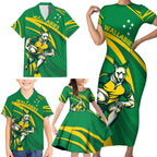 Personalized Australia Rugby Champion Family Matching Short Sleeve Bodycon Dress and Hawaiian Shirt Wallabies Mascot with Sporty Style