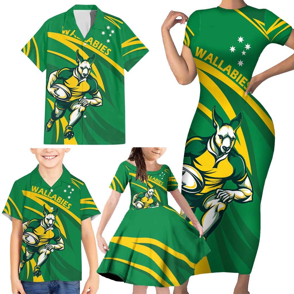 Personalized Australia Rugby Champion Family Matching Short Sleeve Bodycon Dress and Hawaiian Shirt Wallabies Mascot with Sporty Style