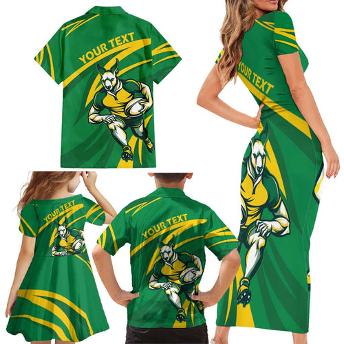 Personalized Australia Rugby Champion Family Matching Short Sleeve Bodycon Dress and Hawaiian Shirt Wallabies Mascot with Sporty Style