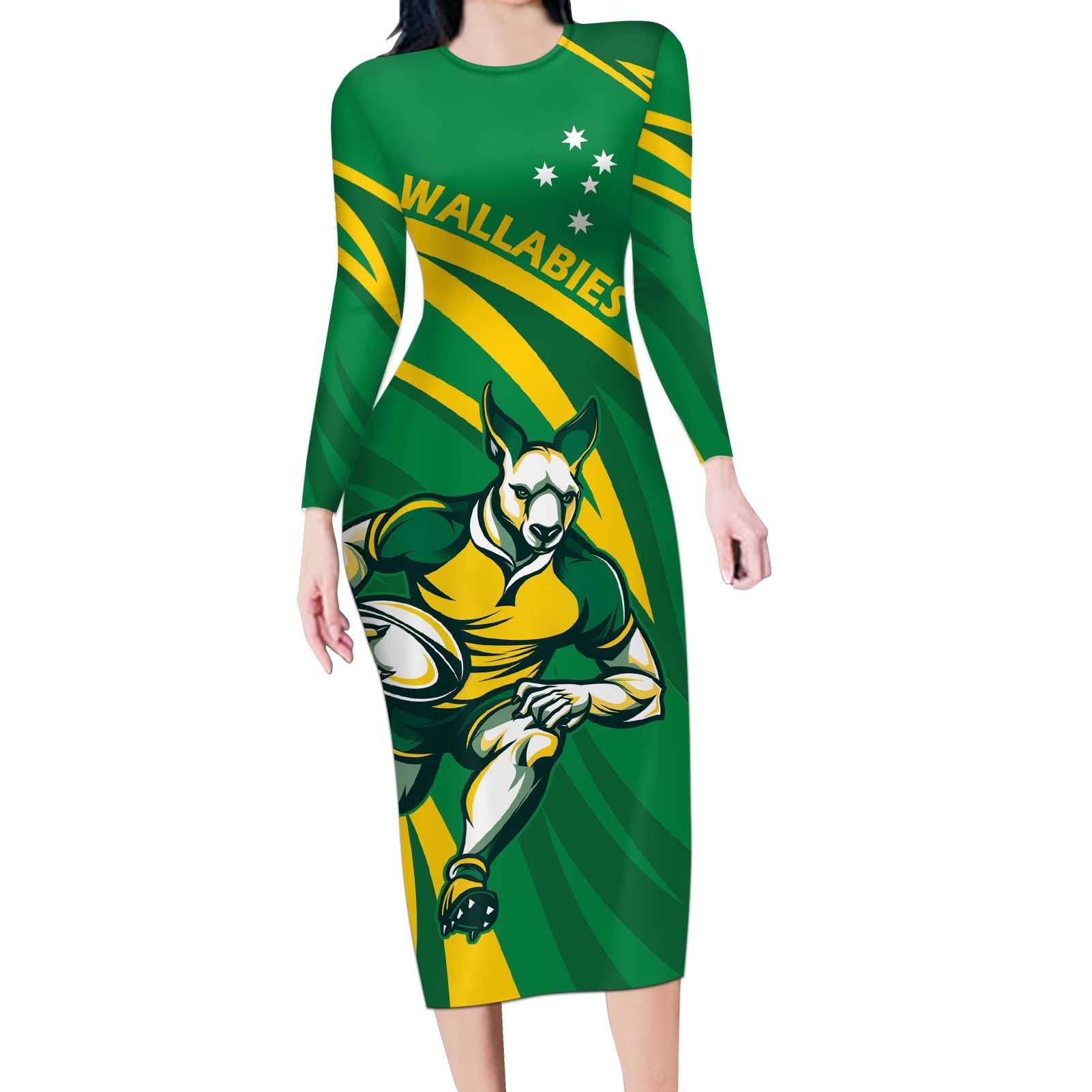 Personalized Australia Rugby Champion Long Sleeve Bodycon Dress Wallabies Mascot with Sporty Style