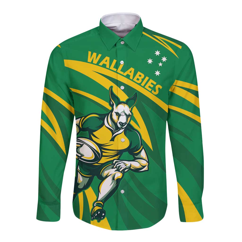 Personalized Australia Rugby Champion Long Sleeve Button Shirt Wallabies Mascot with Sporty Style