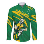 Personalized Australia Rugby Champion Long Sleeve Button Shirt Wallabies Mascot with Sporty Style