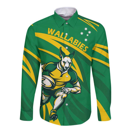 Personalized Australia Rugby Champion Long Sleeve Button Shirt Wallabies Mascot with Sporty Style
