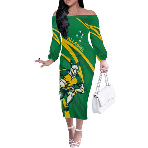 Personalized Australia Rugby Champion Off The Shoulder Long Sleeve Dress Wallabies Mascot with Sporty Style