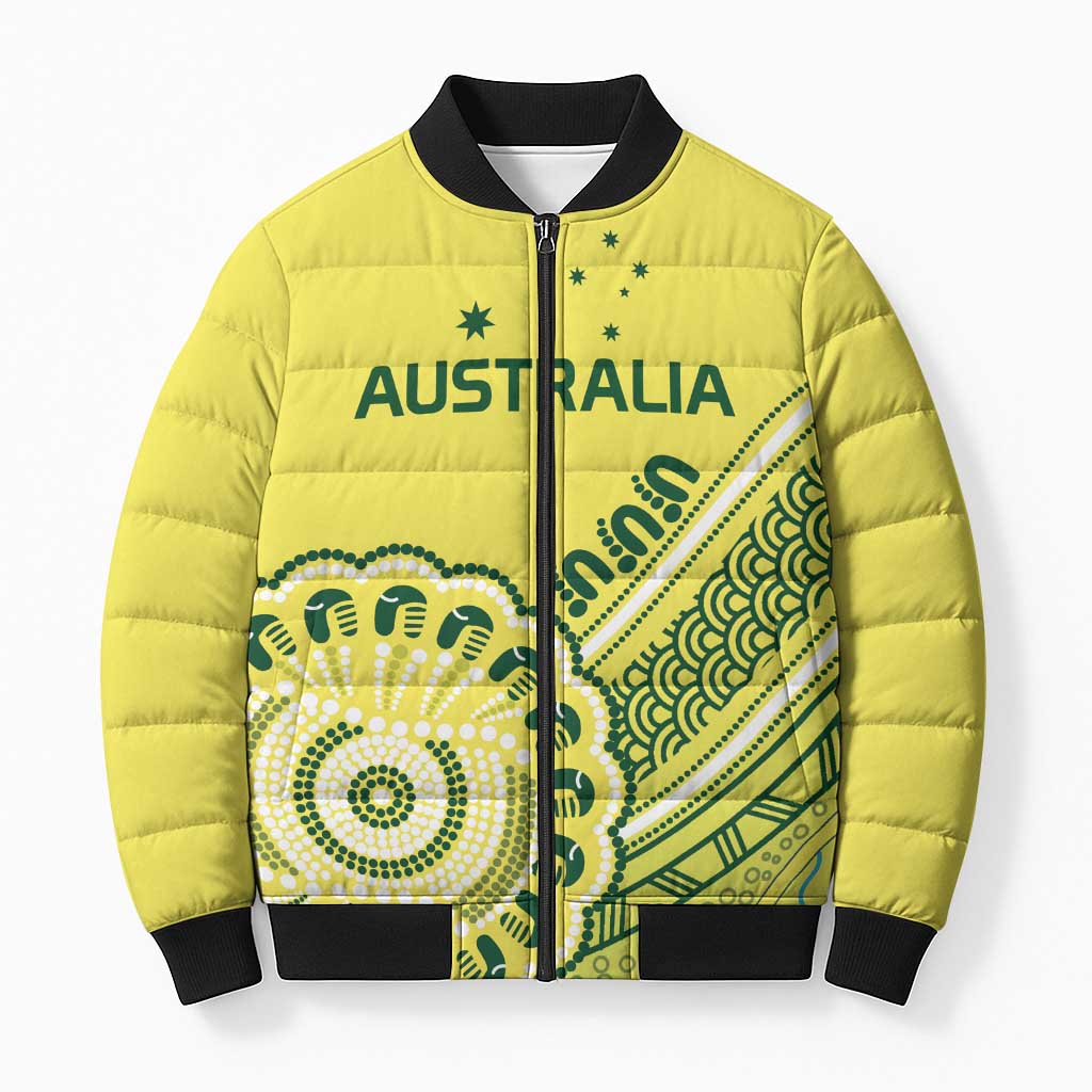 Custom Cricket Aussie Pride Bomber Puffer Jacket Aboriginal Dot Art Cricket - Aussie Hoodie