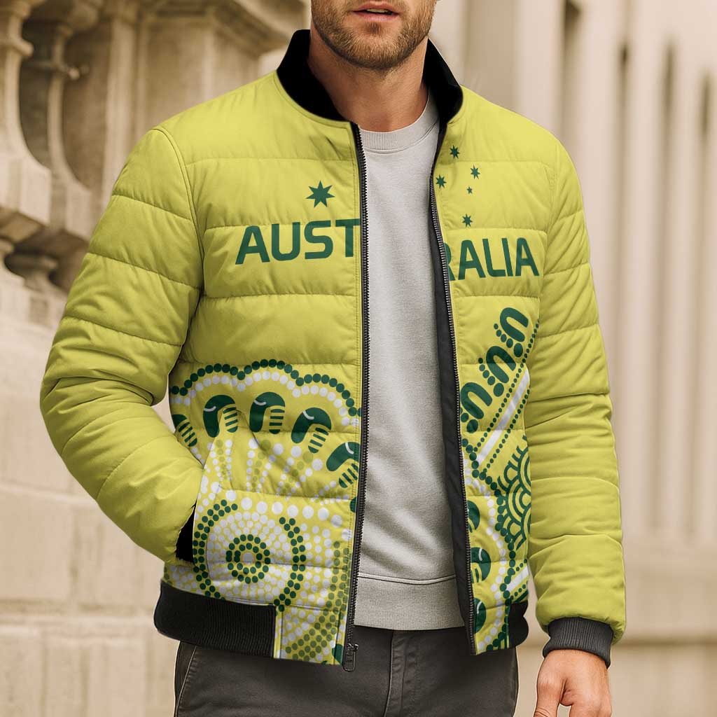 Custom Cricket Aussie Pride Bomber Puffer Jacket Aboriginal Dot Art Cricket - Aussie Hoodie