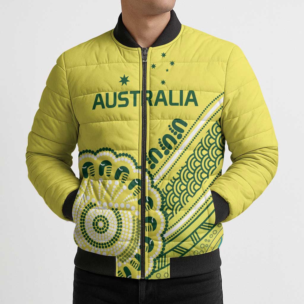 Custom Cricket Aussie Pride Bomber Puffer Jacket Aboriginal Dot Art Cricket - Aussie Hoodie