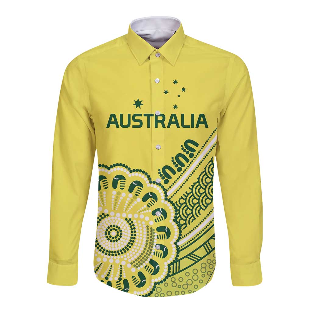 Custom Cricket Aussie Pride Long Sleeve Button Shirt Aboriginal Dot Art Cricket - Aussie Hoodie