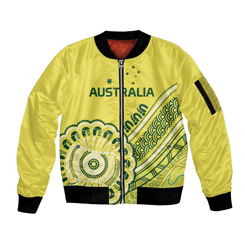 Custom Cricket Aussie Pride Sleeve Zip Bomber Jacket Aboriginal Dot Art Cricket - Aussie Hoodie