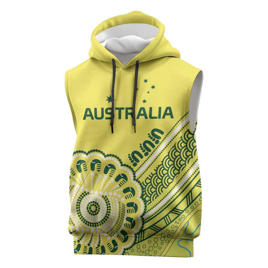 Custom Cricket Aussie Pride Sleeveless Hoodie Aboriginal Dot Art Cricket - Aussie Hoodie
