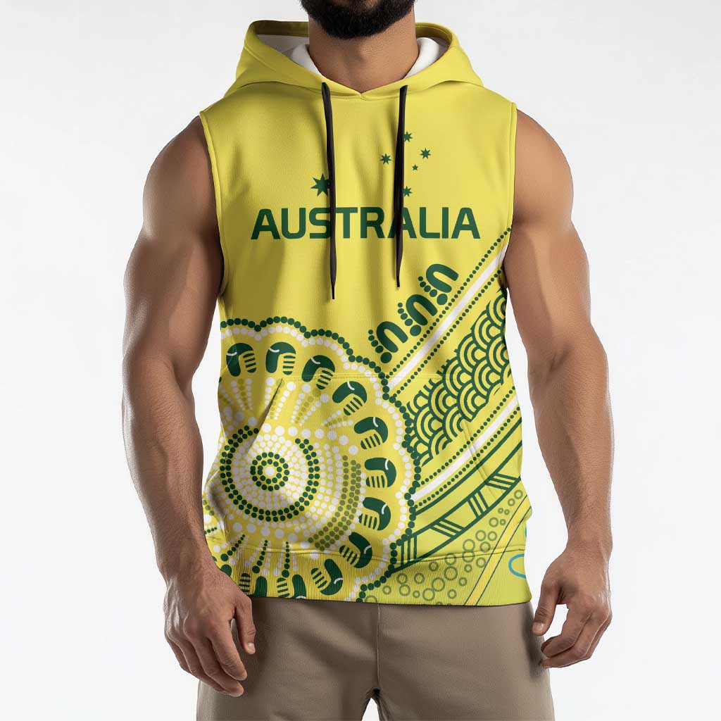 Custom Cricket Aussie Pride Sleeveless Hoodie Aboriginal Dot Art Cricket - Aussie Hoodie