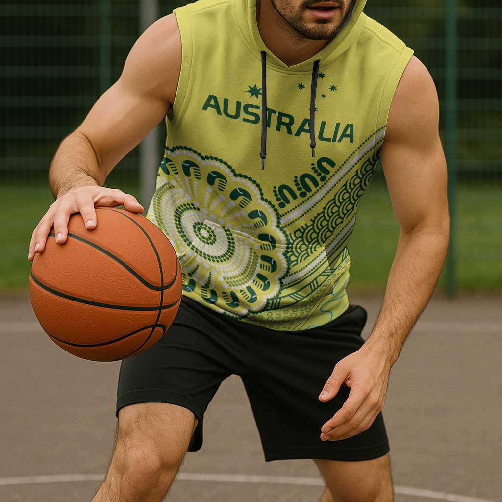 Custom Cricket Aussie Pride Sleeveless Hoodie Aboriginal Dot Art Cricket - Aussie Hoodie