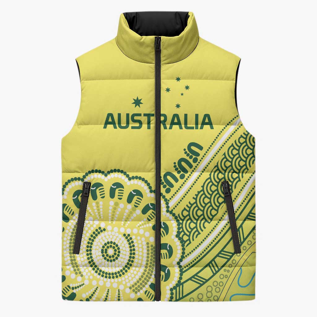 Custom Cricket Aussie Pride Sleeveless Puffer Jacket Aboriginal Dot Art Cricket - Aussie Hoodie