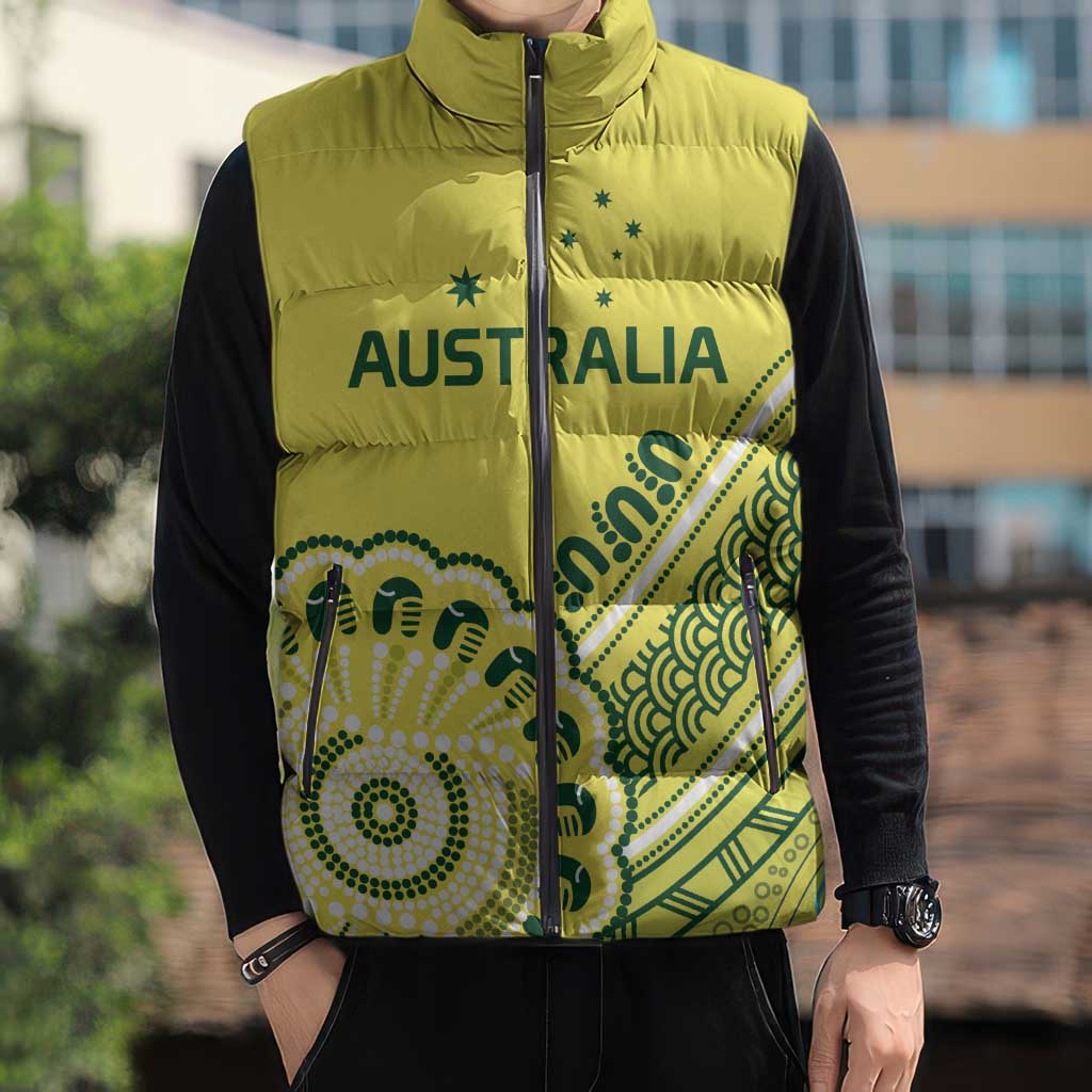 Custom Cricket Aussie Pride Sleeveless Puffer Jacket Aboriginal Dot Art Cricket - Aussie Hoodie