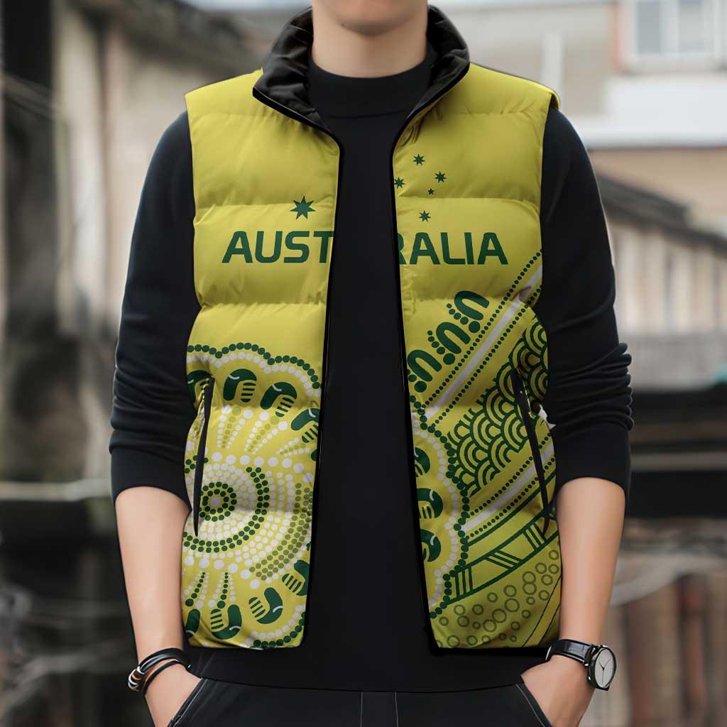 Custom Cricket Aussie Pride Sleeveless Puffer Jacket Aboriginal Dot Art Cricket - Aussie Hoodie