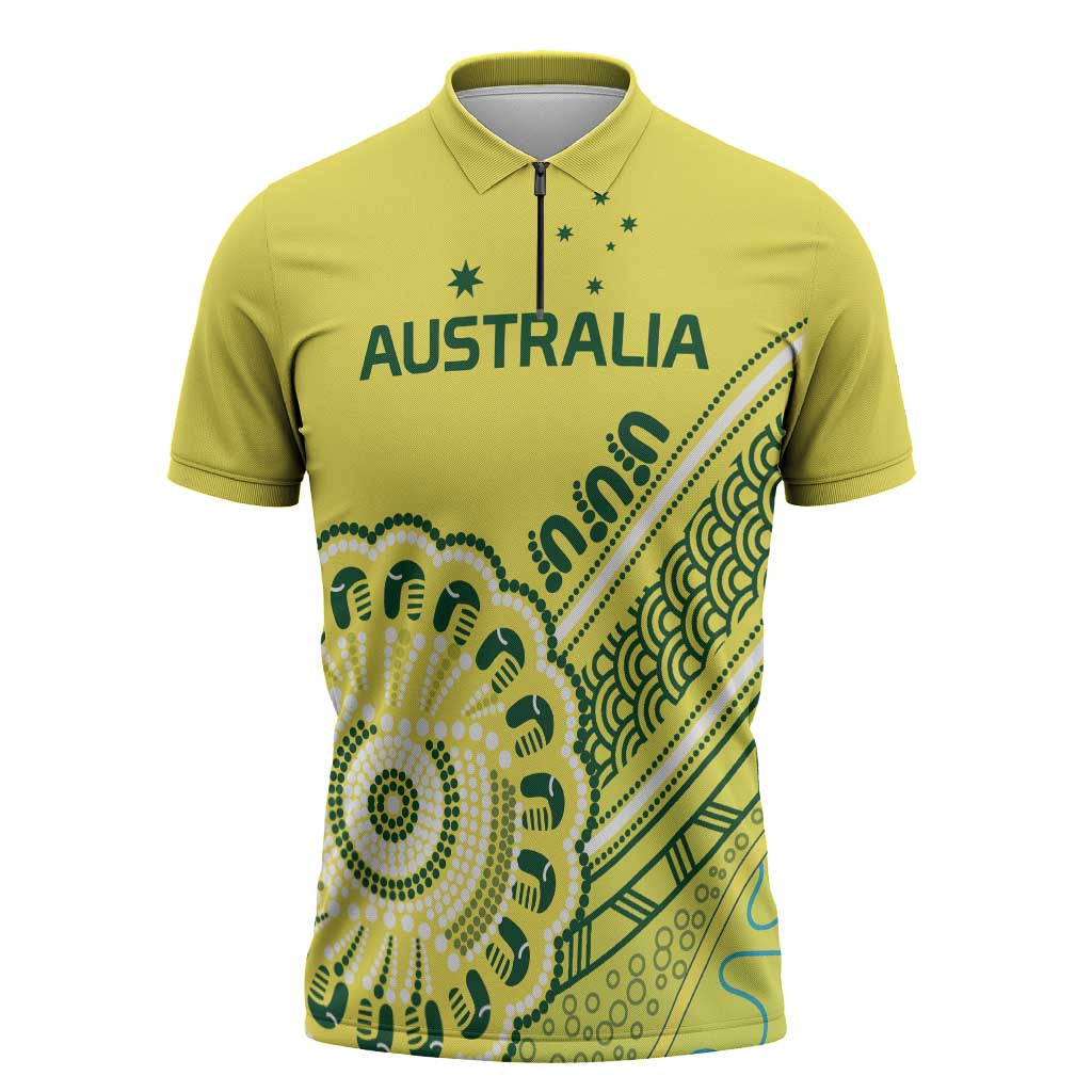 Custom Cricket Aussie Pride Zipper Polo Shirt Aboriginal Dot Art Cricket - Aussie Hoodie